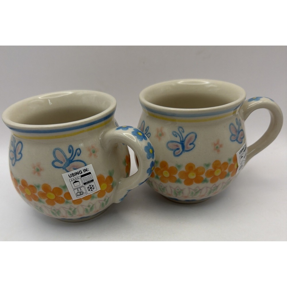 2 Vena Polish Pottery Ceramic Kacperek Mugs Boleslawiec 10 oz Butterflies